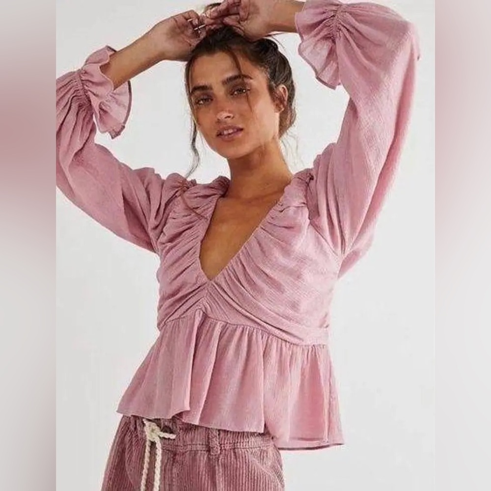 Free People Daia Puff Sleeve Pink Blouse